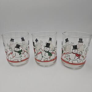 3 VTG Libbey Dancing Snowman Lowball Glasses. EUC Free Shipping‎